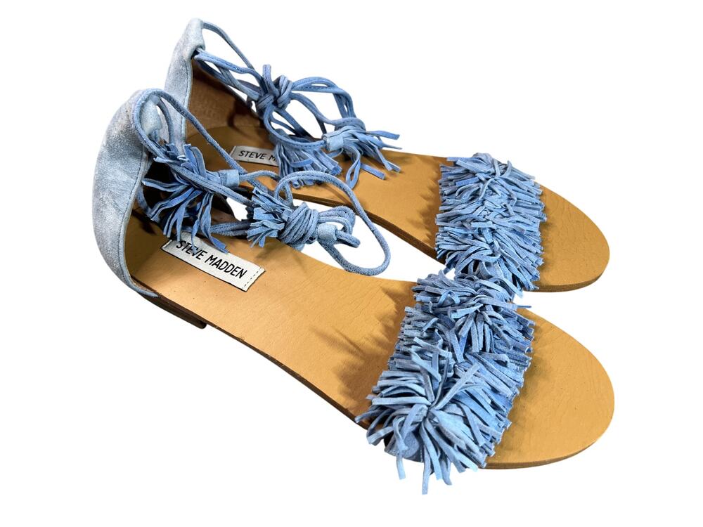 Steve Madden Fringly Blue Suede Fringe Lace-Up Ankle Wrap Sandals 9M